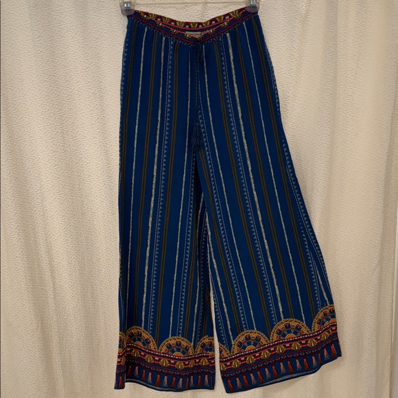 Flying Tomato Pants - Flying Tomato Blue Stripe Wide-Leg Boho Pants with Patterned Trim
